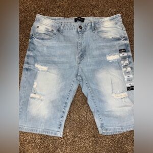 Distressed Blue Jean Shorts with Raw Hem
